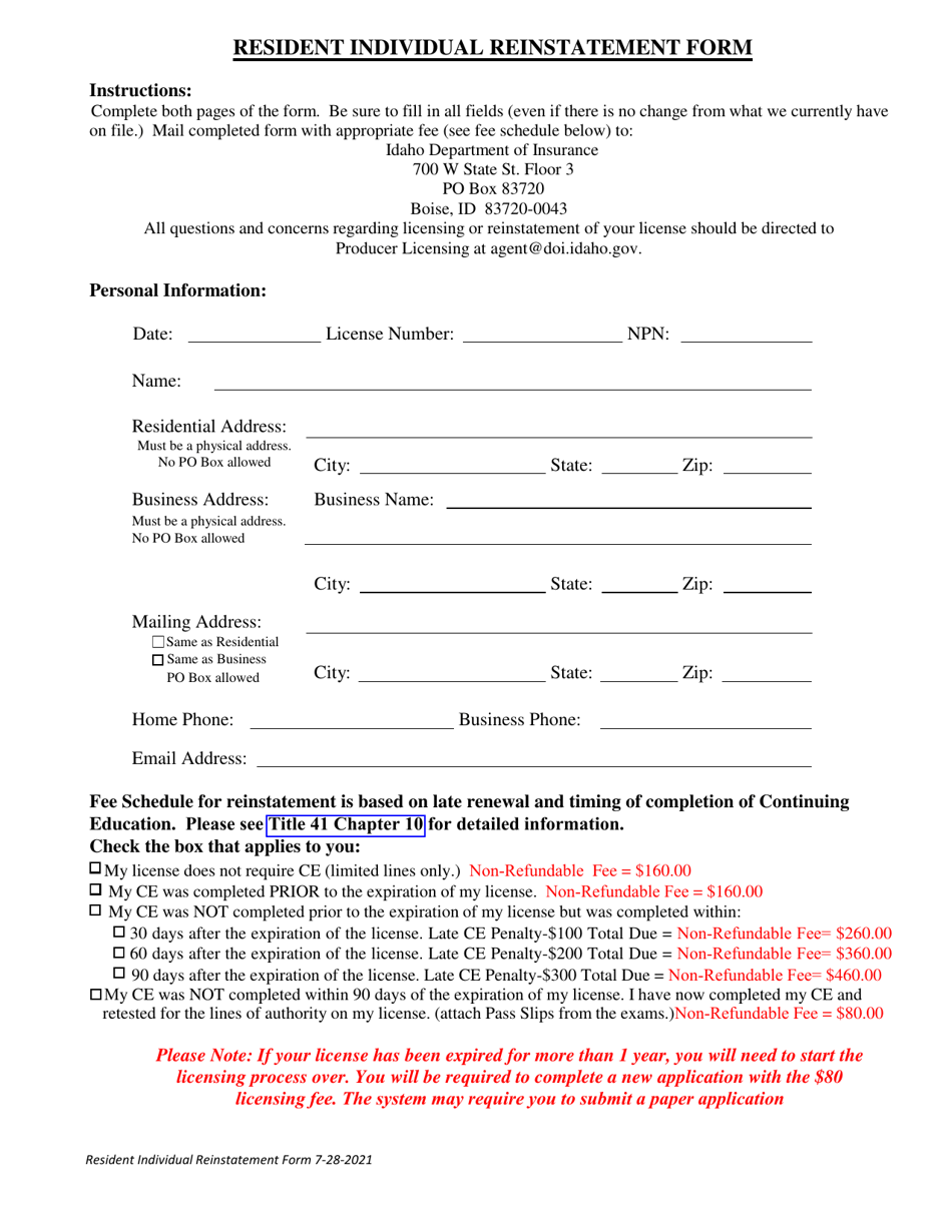 Resident Individual Reinstatement Form - Idaho, Page 1