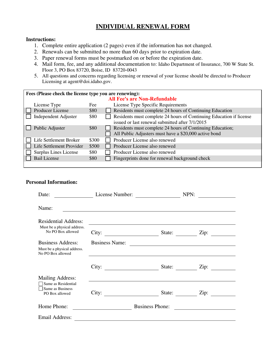 Individual Renewal Form - Idaho, Page 1