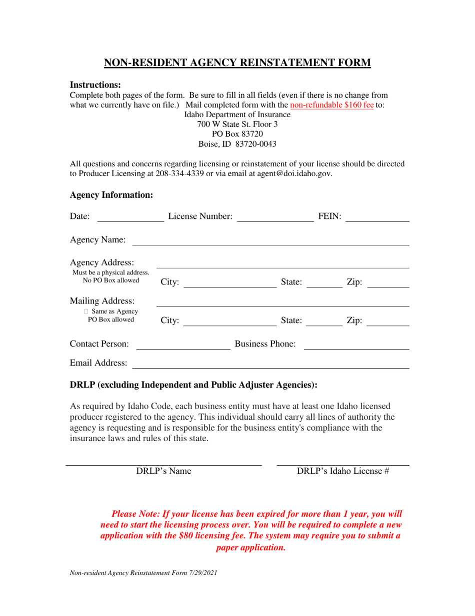 Non-resident Agency Reinstatement Form - Idaho, Page 1