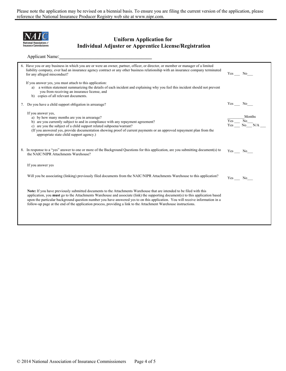 Uniform Application for Individual Adjuster or Apprentice License / Registration - Idaho, Page 5