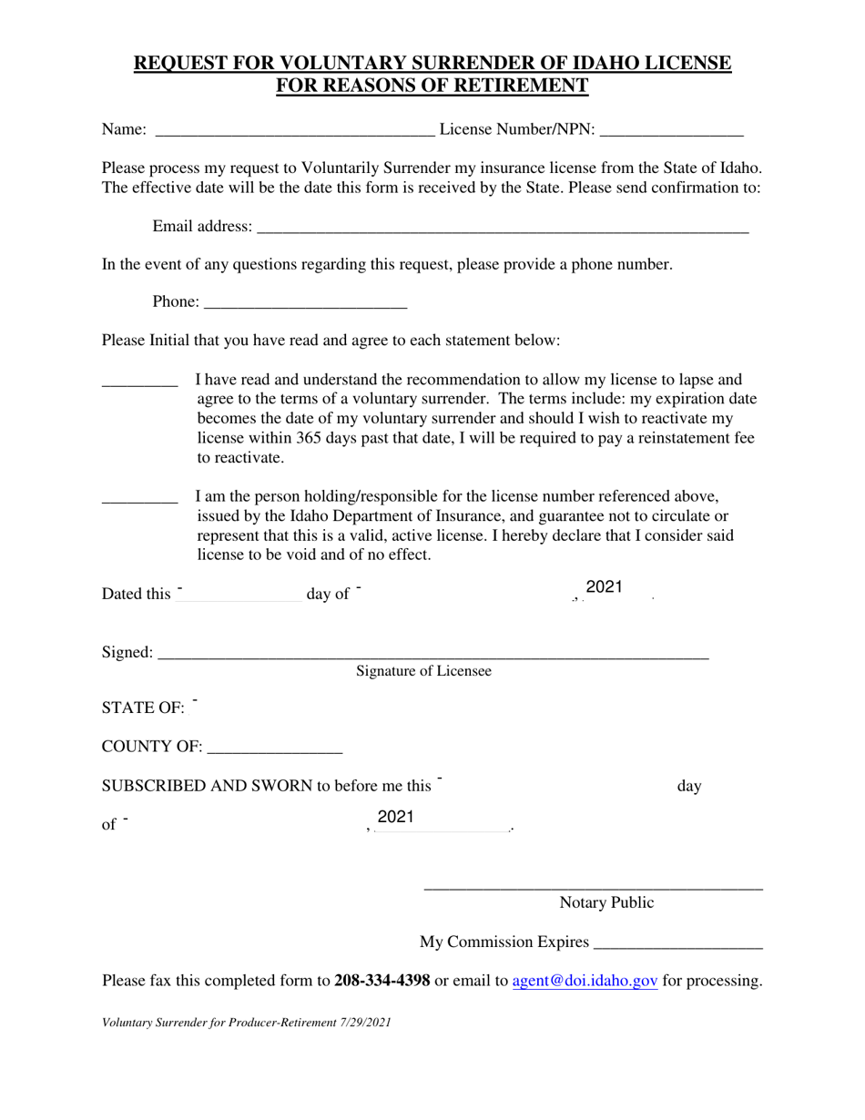 Request for Voluntary Surrender of Idaho License for Reasons of Retirement - Idaho, Page 1
