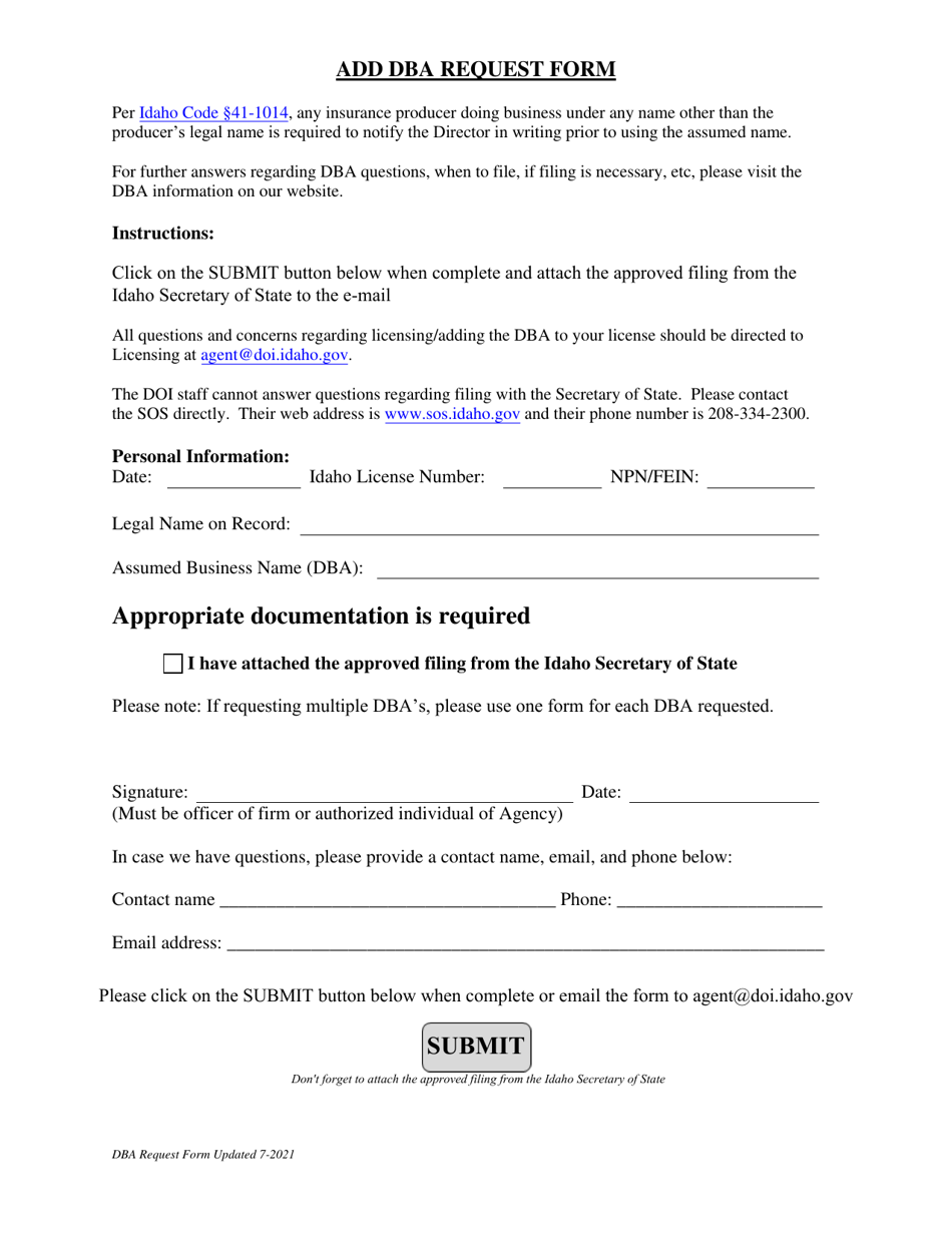 Add Dba Request Form - Idaho, Page 1