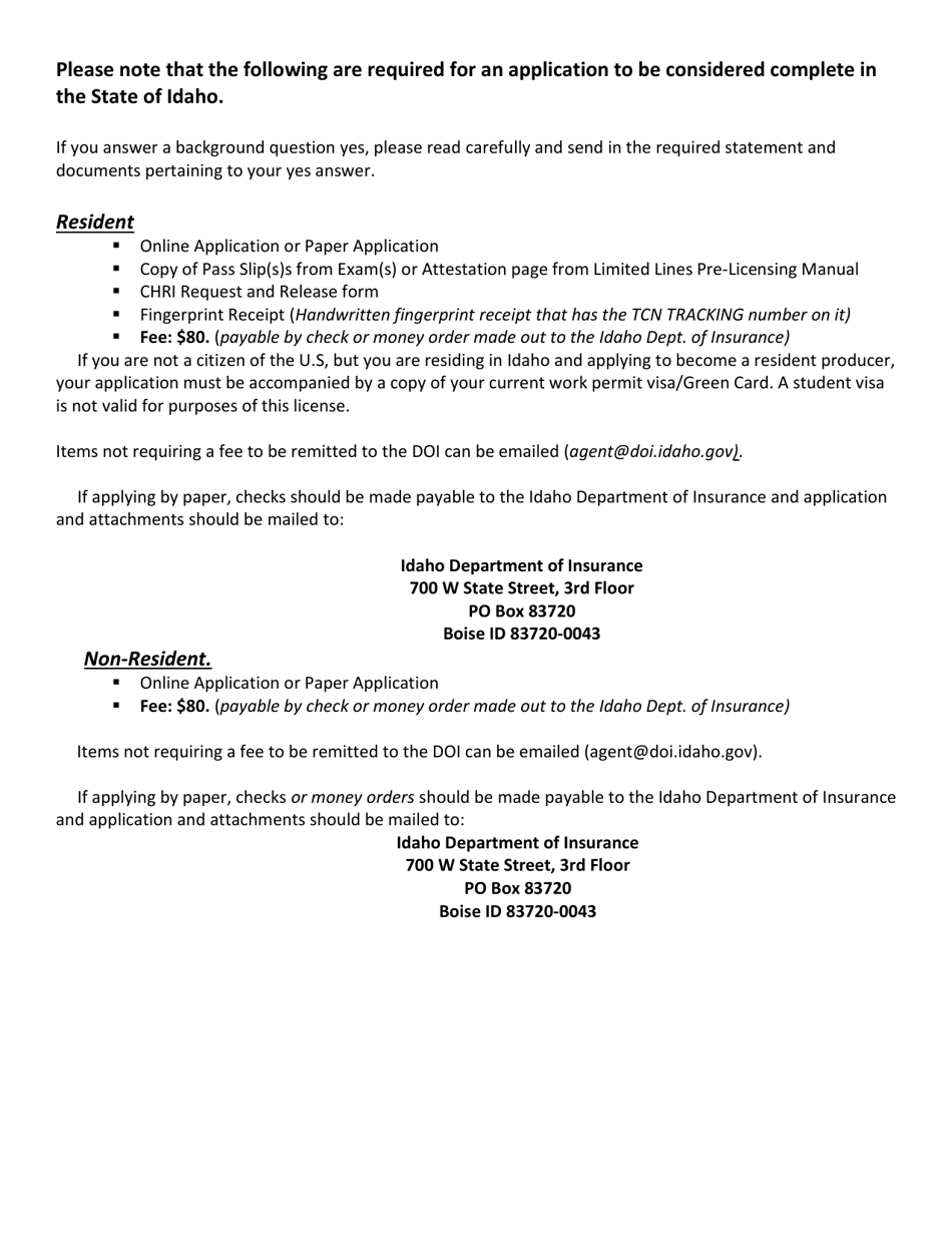 Uniform Application for Individual Producer License / Registration - Idaho, Page 1