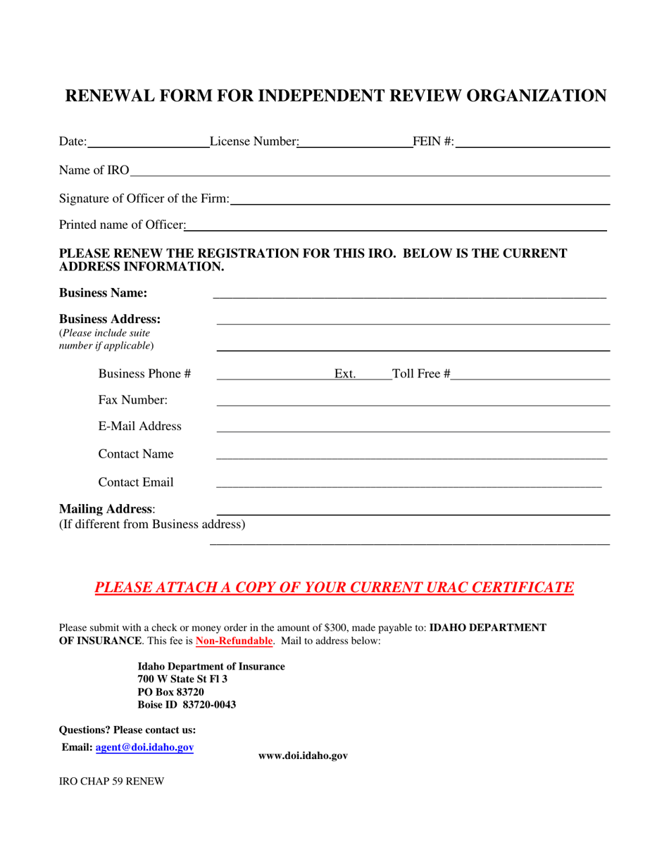 Renewal Form for Independent Review Organization - Idaho, Page 1