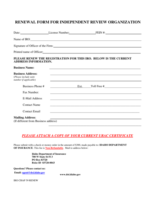 Renewal Form for Independent Review Organization - Idaho Download Pdf