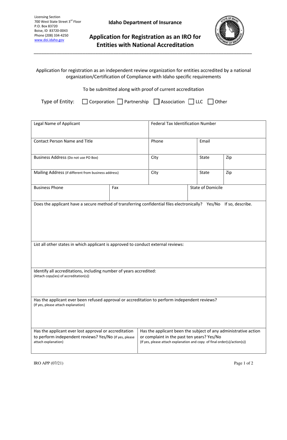 Application for Registration as an Iro for Entities With National Accreditation - Idaho, Page 1