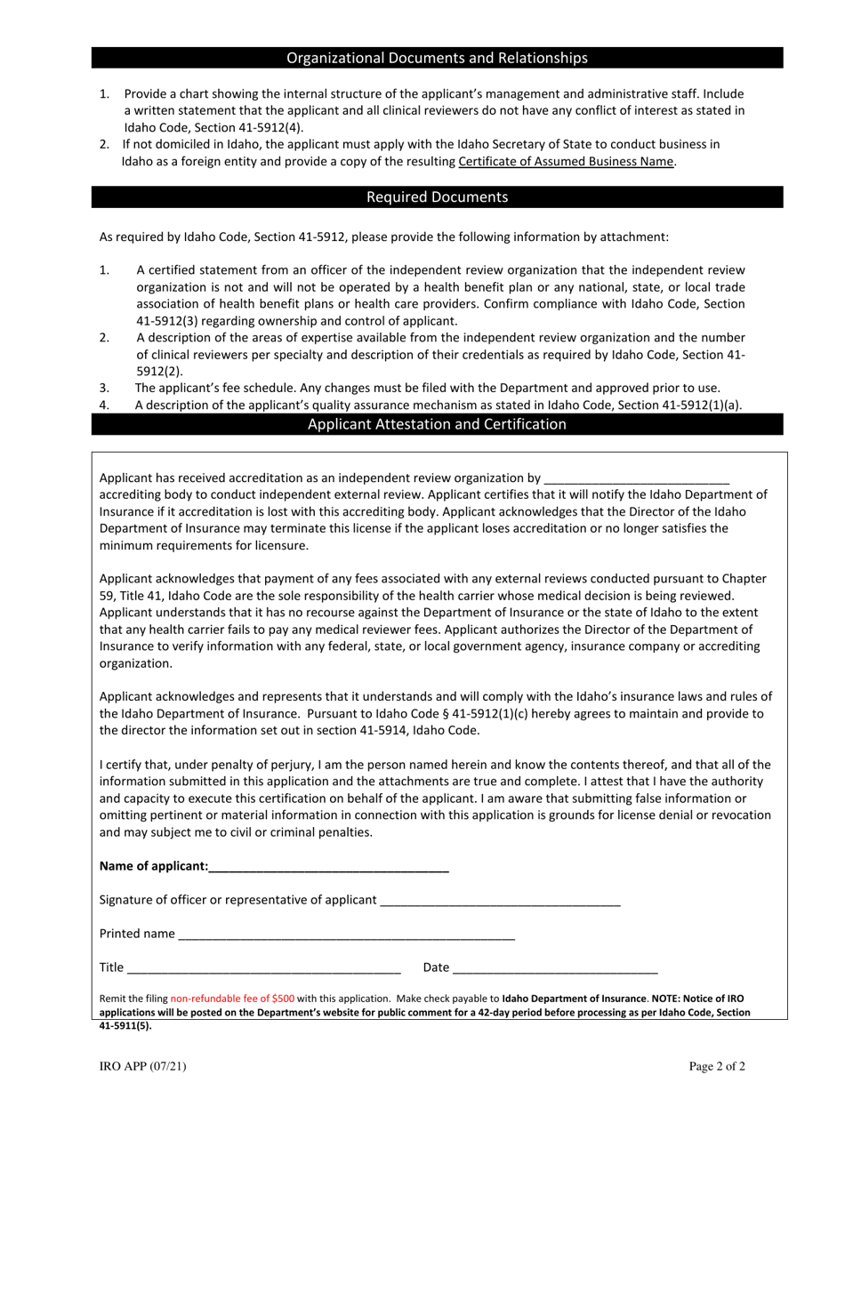 Application for Registration as an Iro for Entities With National Accreditation - Idaho, Page 2