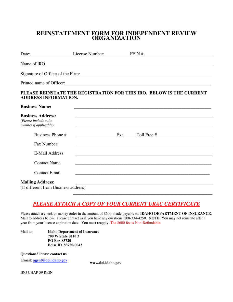 Reinstatement Form for Independent Review Organization - Idaho, Page 1