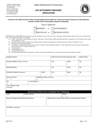 Document preview: Life Settlement Provider Application - Idaho