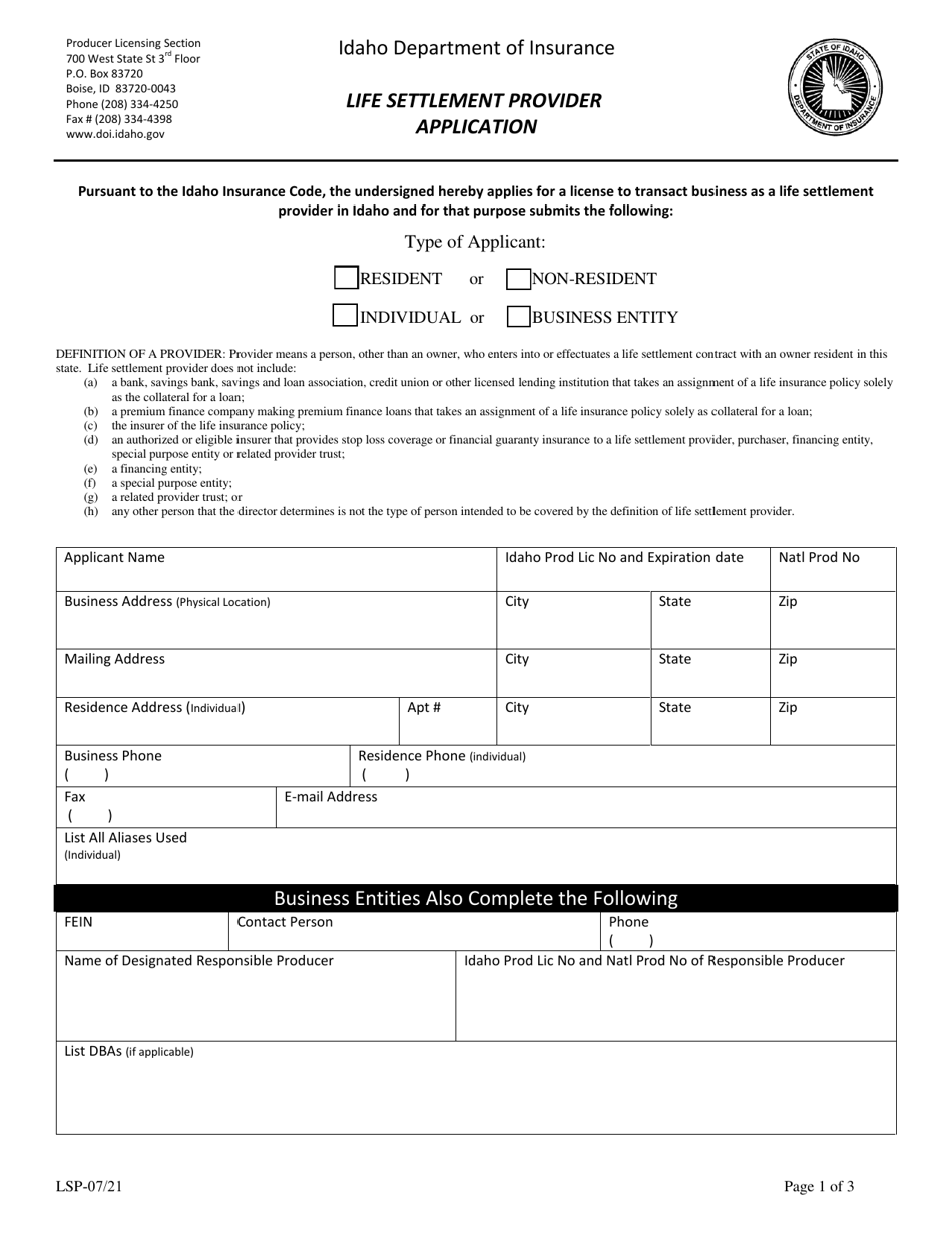 Life Settlement Provider Application - Idaho, Page 1