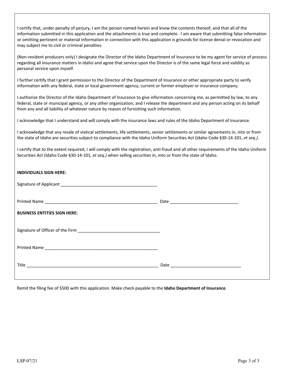 Life Settlement Provider Application - Idaho, Page 3
