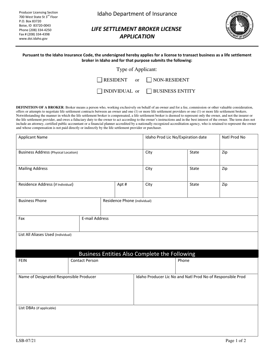 Life Settlement Broker License Application - Idaho, Page 1