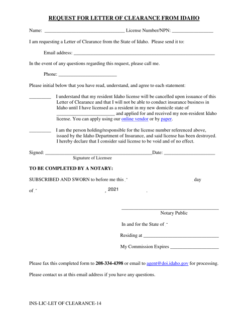 Request for Letter of Clearance From Idaho - Idaho Download Pdf