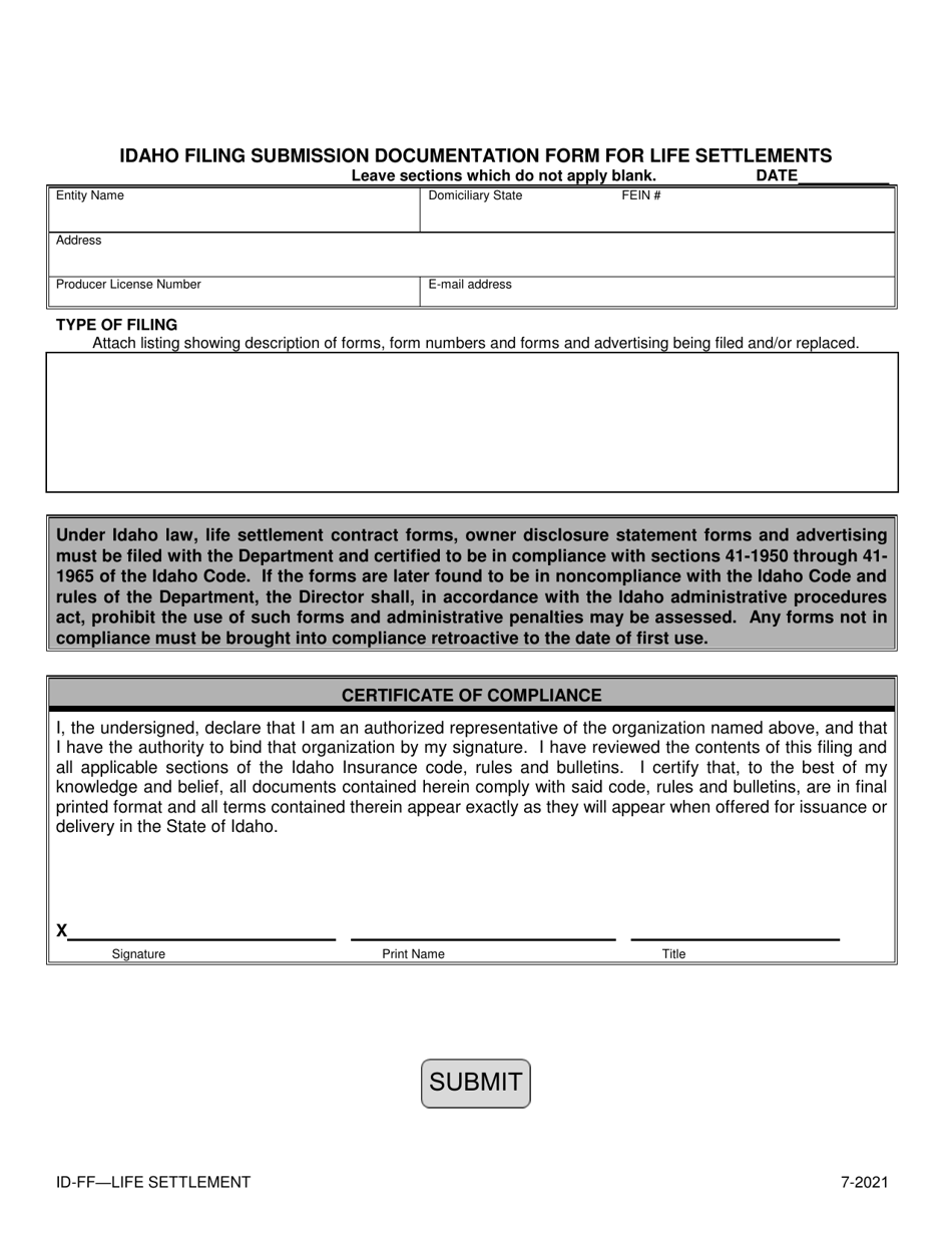 Idaho Filing Submission Documentation Form for Life Settlements - Idaho, Page 1