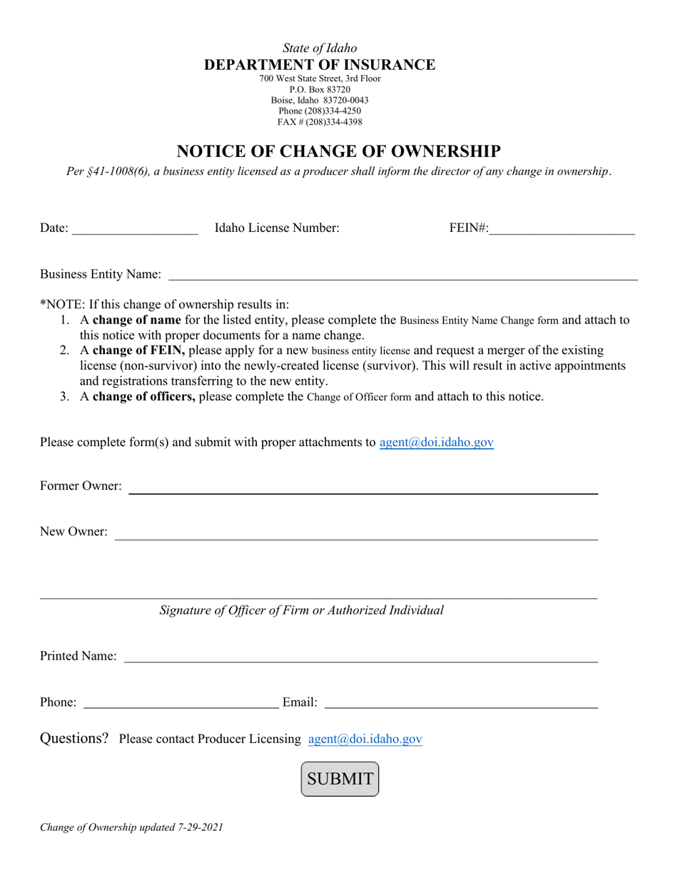 Notice of Change of Ownership - Idaho, Page 1
