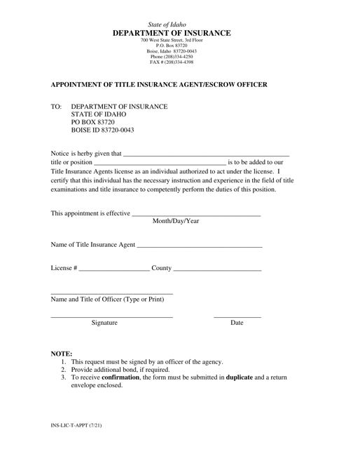 Appointment of Title Insurance Agent / Escrow Officer - Idaho Download Pdf