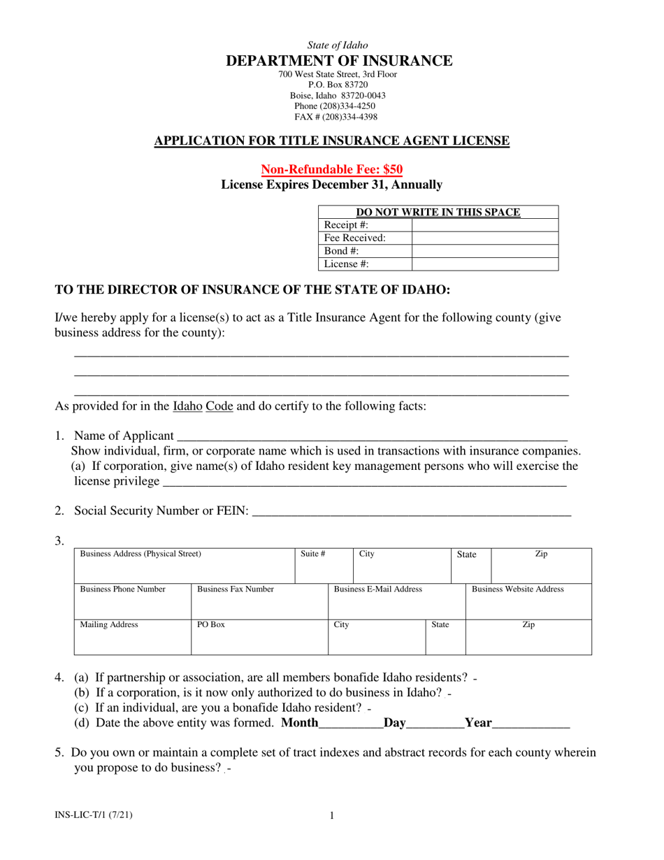 Form INS-LIC-T / 1 Application for Title Insurance Agent License - Idaho, Page 1