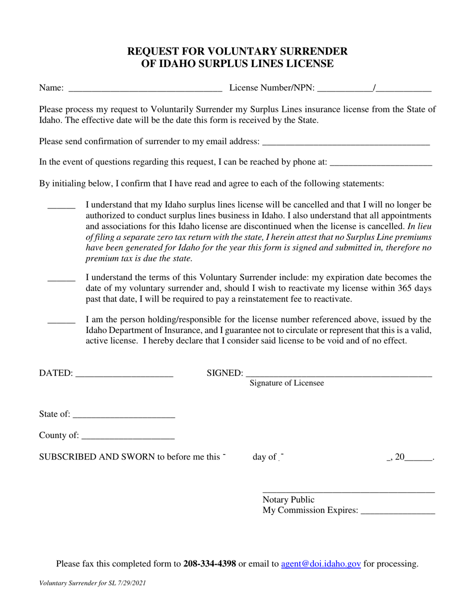 Request for Voluntary Surrender of Idaho Surplus Lines License - Idaho, Page 1