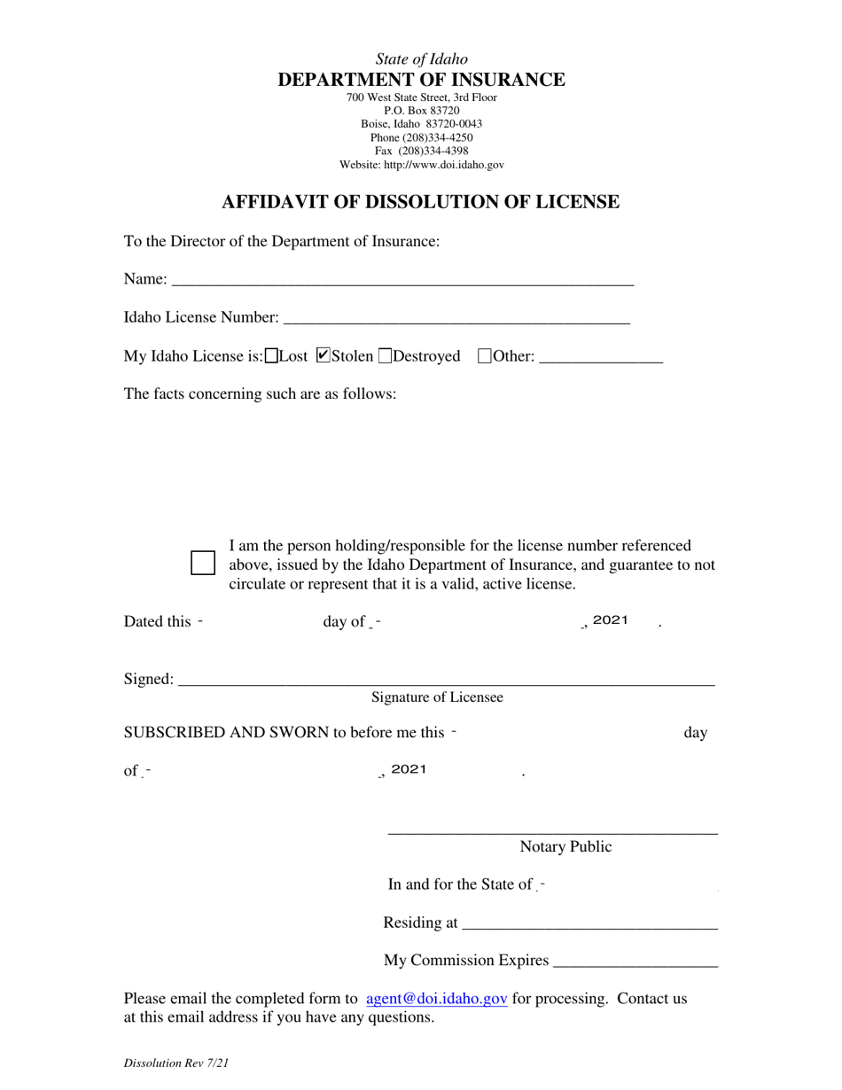 Affidavit of Dissolution of License - Idaho, Page 1