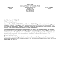 Document preview: Application for Written Consent to Engage in the Business of Insurance Pursuant to 18 U.s.c. 1033 and 1034 - Idaho