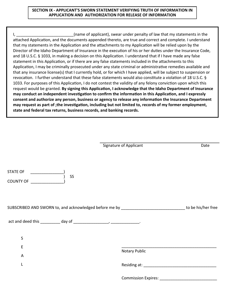 Application for Written Consent to Engage in the Business of Insurance Pursuant to 18 U.s.c. 1033 and 1034 - Idaho, Page 10