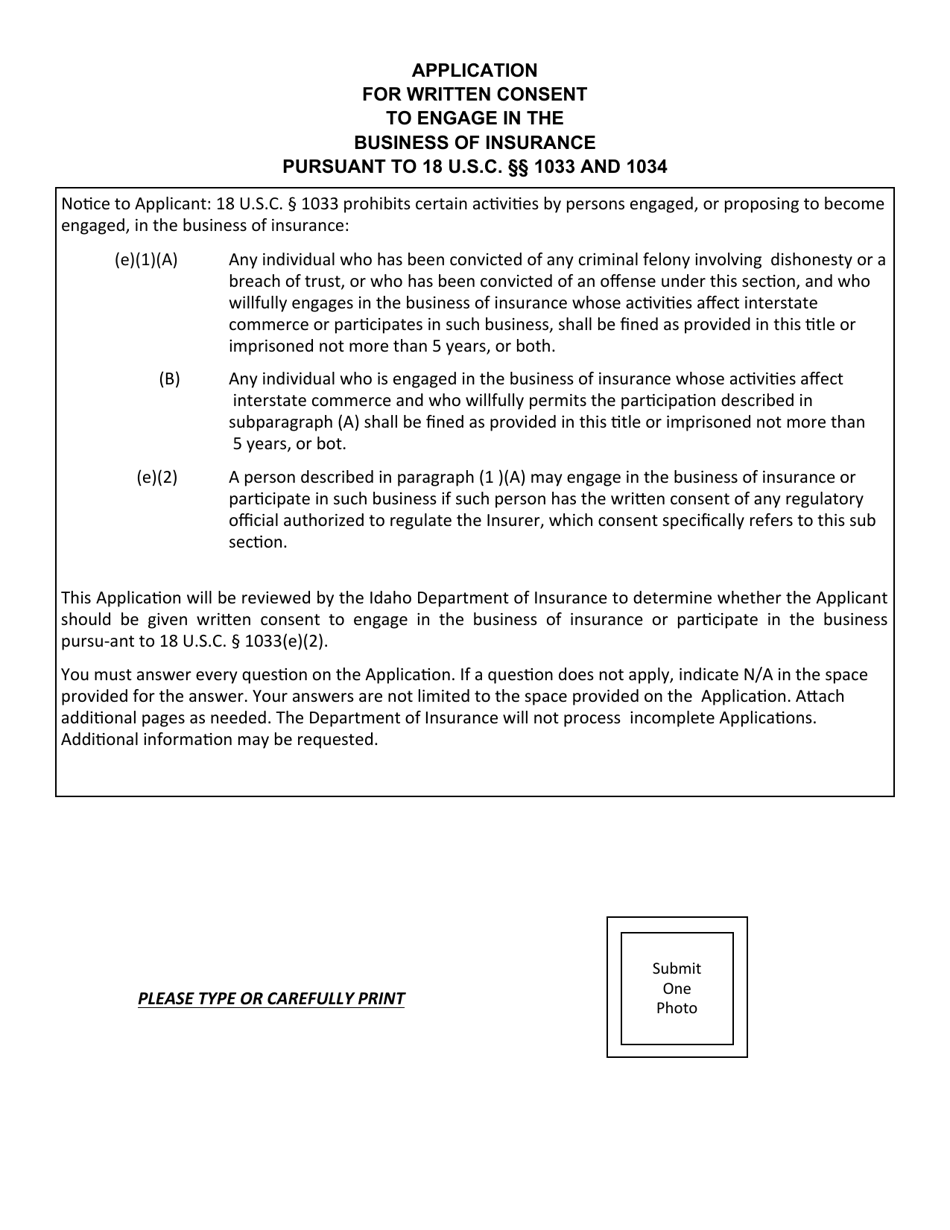 Application for Written Consent to Engage in the Business of Insurance Pursuant to 18 U.s.c. 1033 and 1034 - Idaho, Page 2