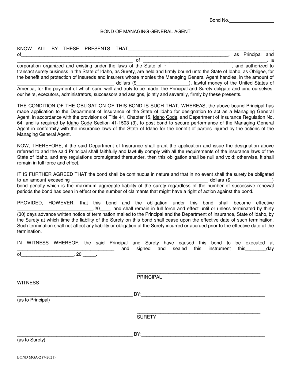Form MGA-2 Bond of Managing General Agent - Idaho, Page 1