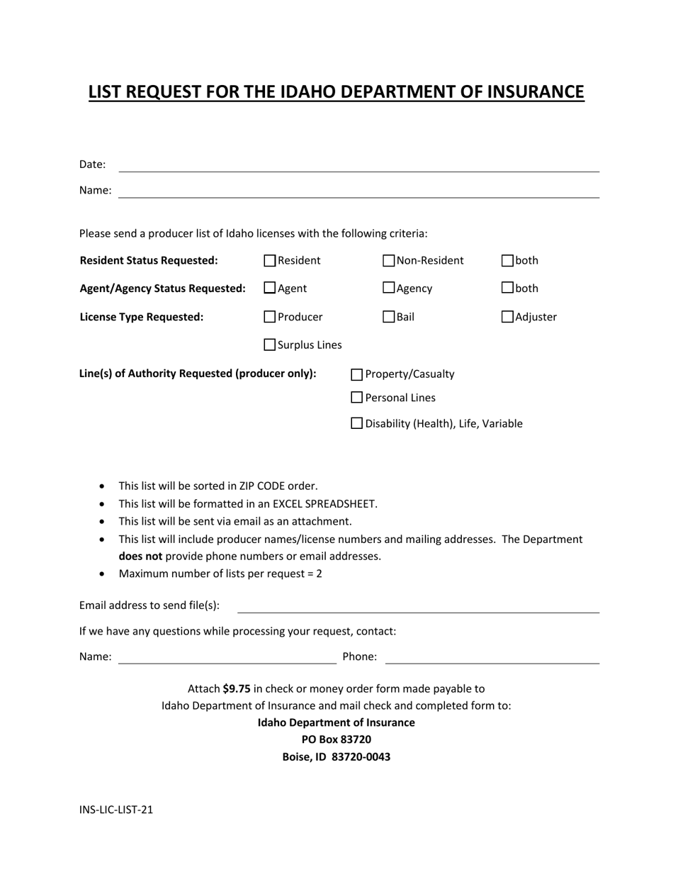 List Request for the Idaho Department of Insurance - Idaho, Page 1