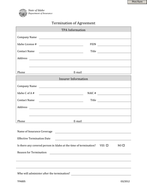 Form TPA005  Printable Pdf