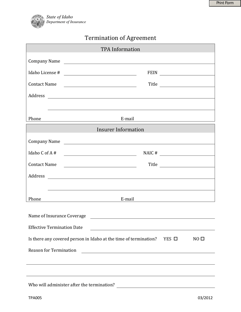 Form TPA005 Termination of Agreement - Idaho, Page 1