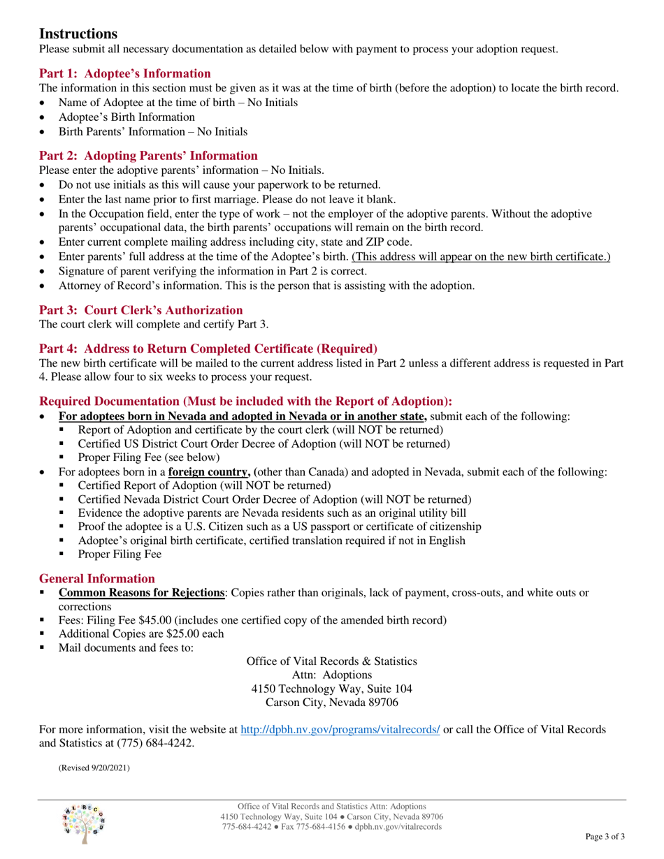 Form AB-115 Report of Adoption - Nevada, Page 3