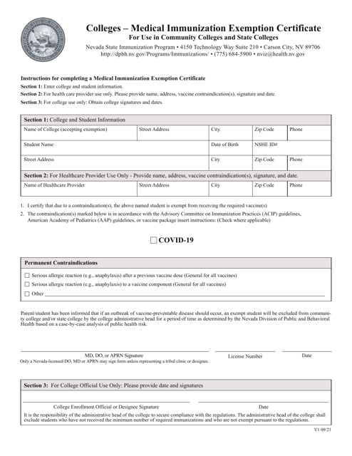 Colleges - Medical Immunization Exemption Certificate - Nevada Download Pdf