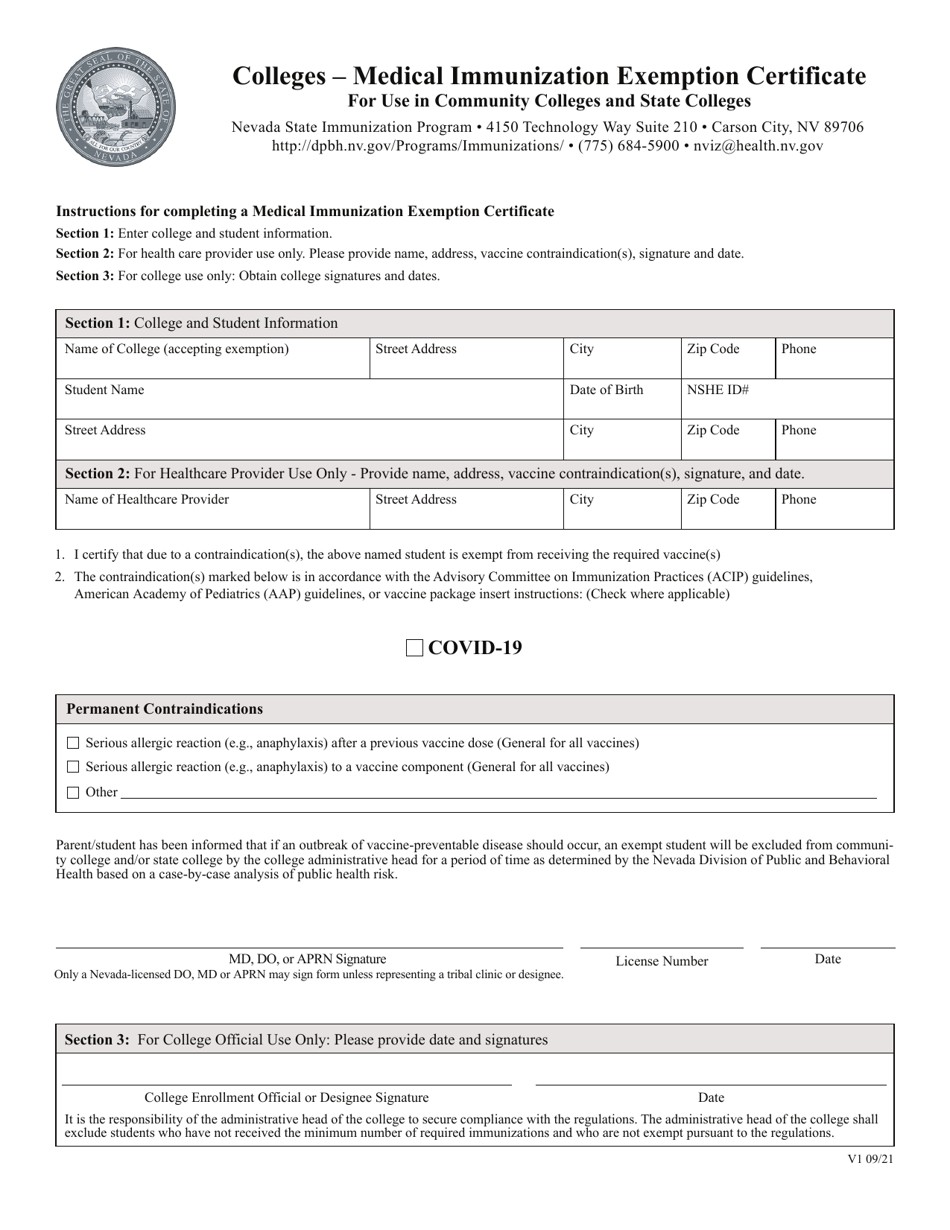 Colleges - Medical Immunization Exemption Certificate - Nevada, Page 1