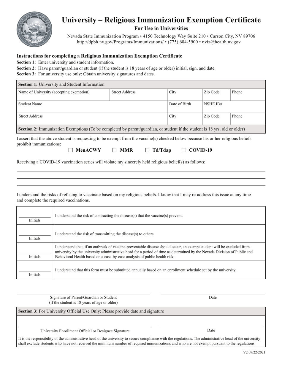 University - Religious Immunization Exemption Certificate - Nevada, Page 1
