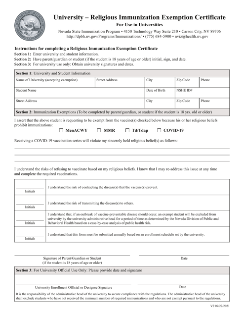 University - Religious Immunization Exemption Certificate - Nevada Download Pdf