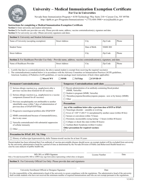 University - Medical Immunization Exemption Certificate - Nevada Download Pdf