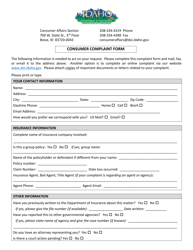 Document preview: Consumer Complaint Form - Idaho