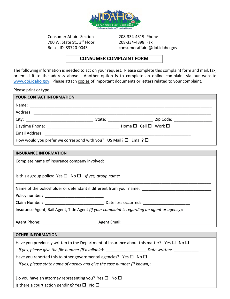 Consumer Complaint Form - Idaho, Page 1