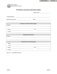 Form TPA002 &quot;Tpa Address and Contact Information Update&quot; - Idaho