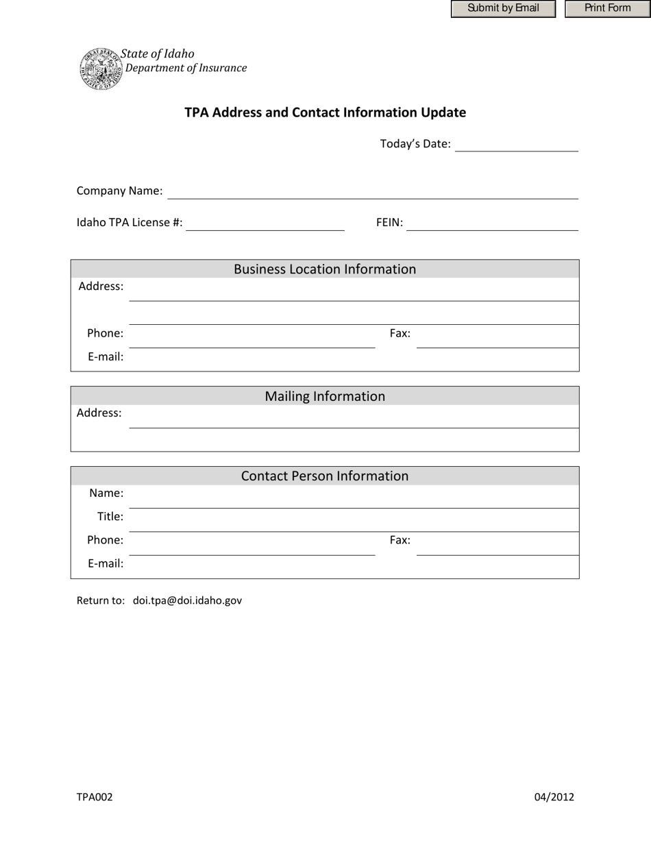 Form TPA002 Tpa Address and Contact Information Update - Idaho, Page 1