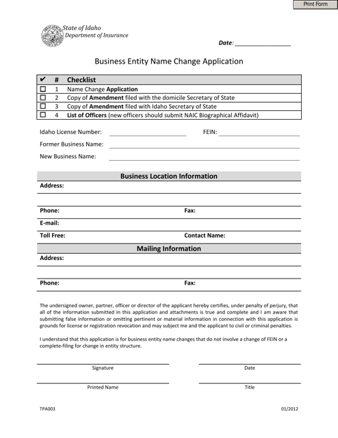 Form TPA003 Business Entity Name Change Application - Idaho