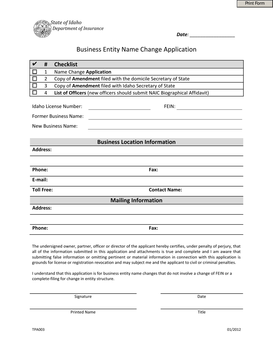 Form TPA003 Business Entity Name Change Application - Idaho, Page 1