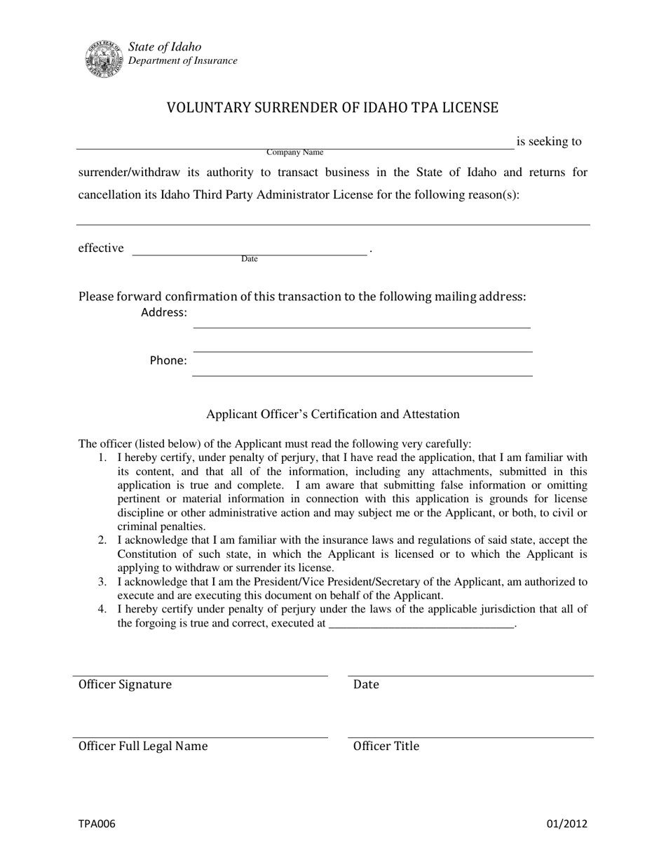 Form TPA006 Voluntary Surrender of Idaho Tpa License - Idaho, Page 1