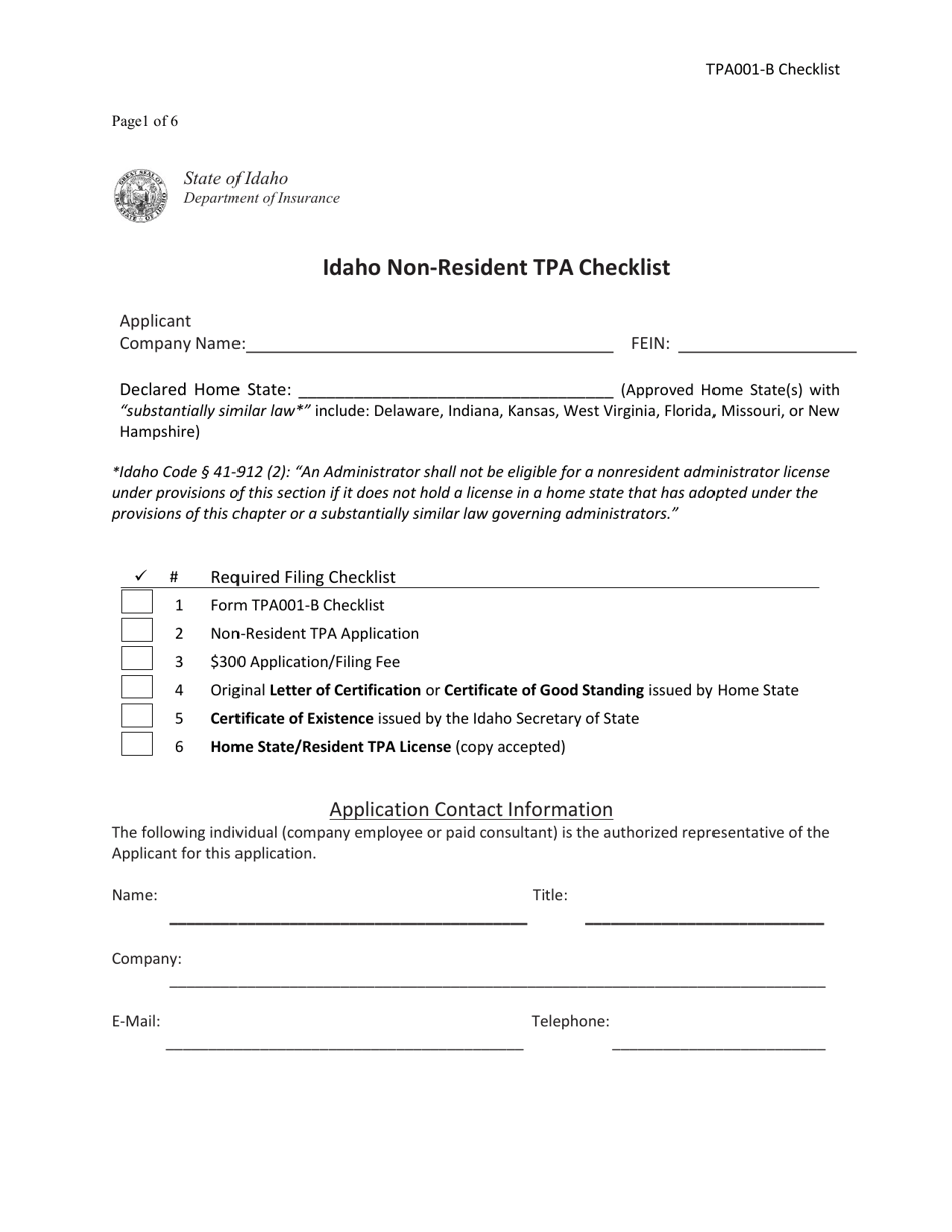 Form TPA001-B Non-resident Third Party Administrator License Application - Idaho, Page 1