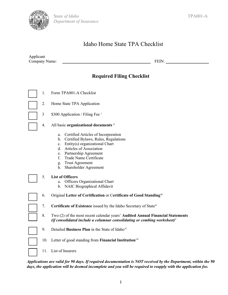 Form TPA001-A Home State Third Party Administrator License Application - Idaho, Page 1