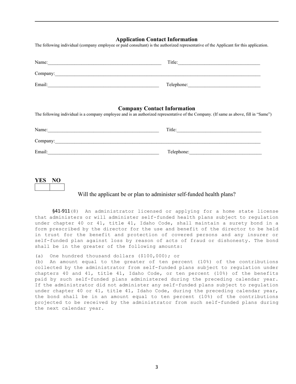 Form TPA001-A Home State Third Party Administrator License Application - Idaho, Page 3