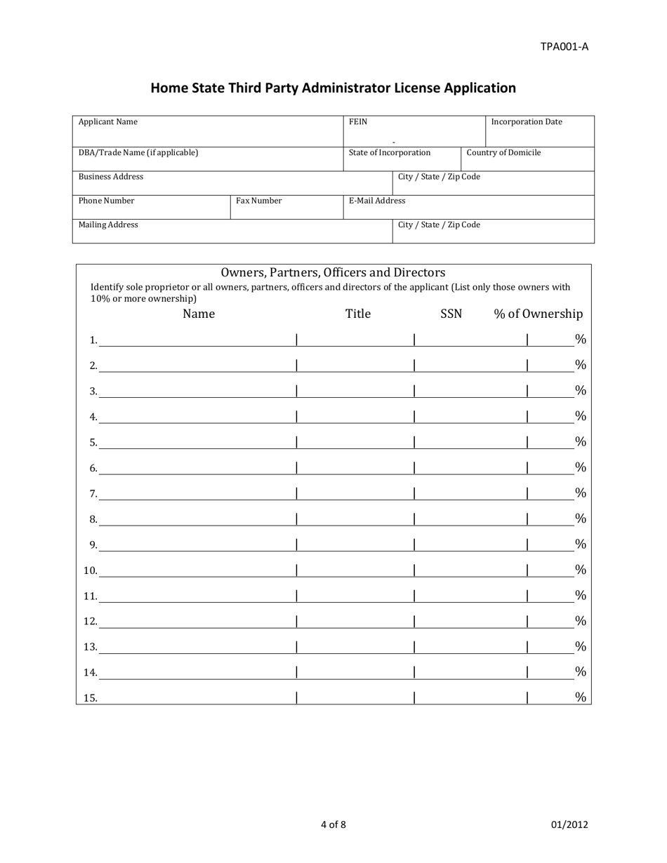 Form TPA001-A Home State Third Party Administrator License Application - Idaho, Page 4