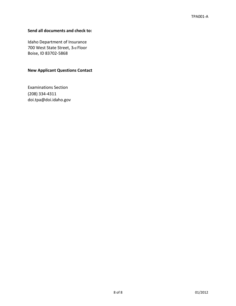 Form TPA001-A Home State Third Party Administrator License Application - Idaho, Page 8