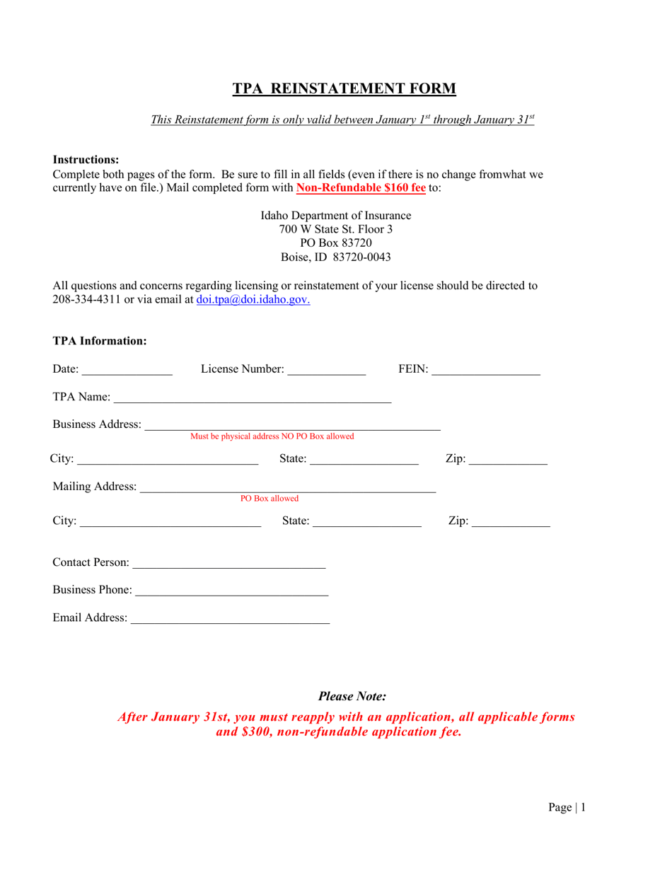 Tpa Reinstatement Form - Idaho, Page 1