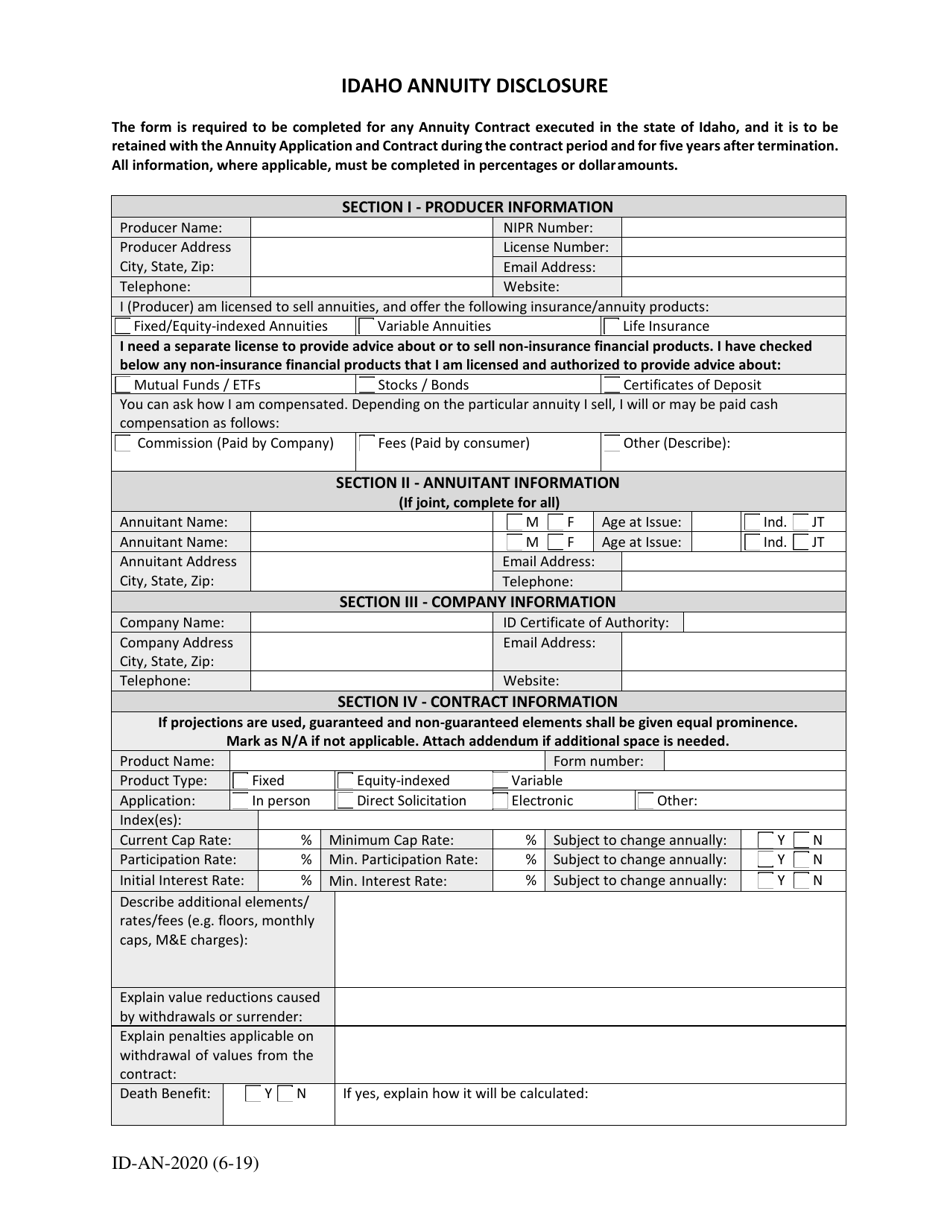 Form ID-AN-2020 Idaho Annuity Disclosure - Idaho, Page 1